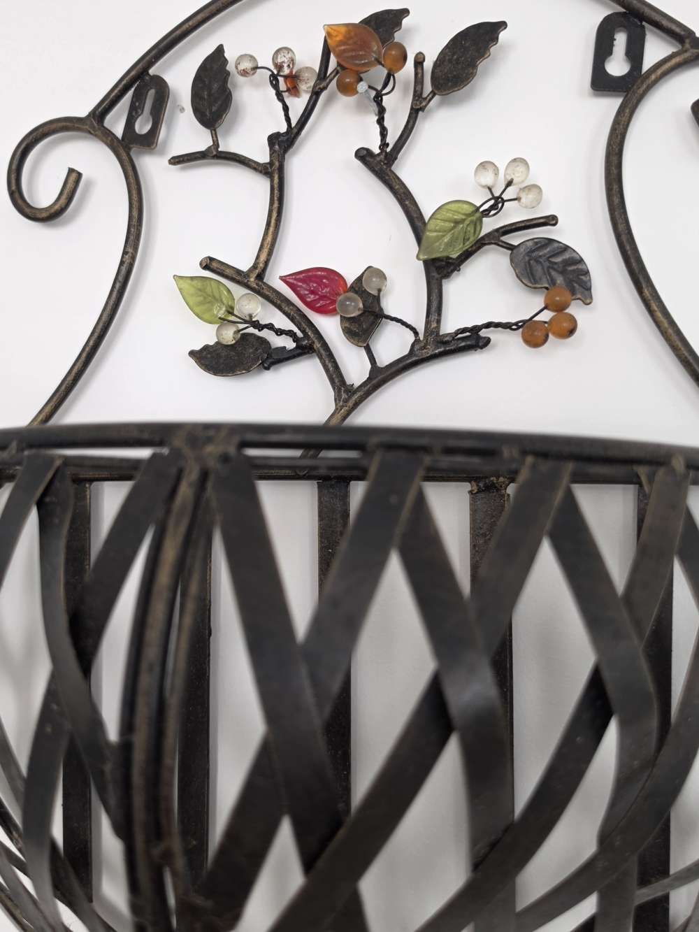 VINTAGE Woven Metal Hanging Baskets x2 Brozed Brown with Berries & Leaf accents